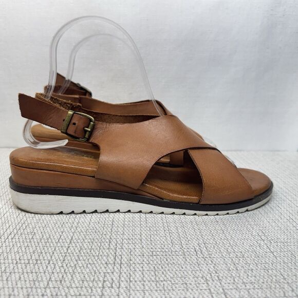BERTUCHI Caramel Tan Leather Crossover Slingback Buckle Wedge Sandals 8 - Picture 3 of 6